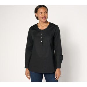 Denim & Co. Women's Top Petite PXL Poplin Tunic Pearl Buttons Black A670003
